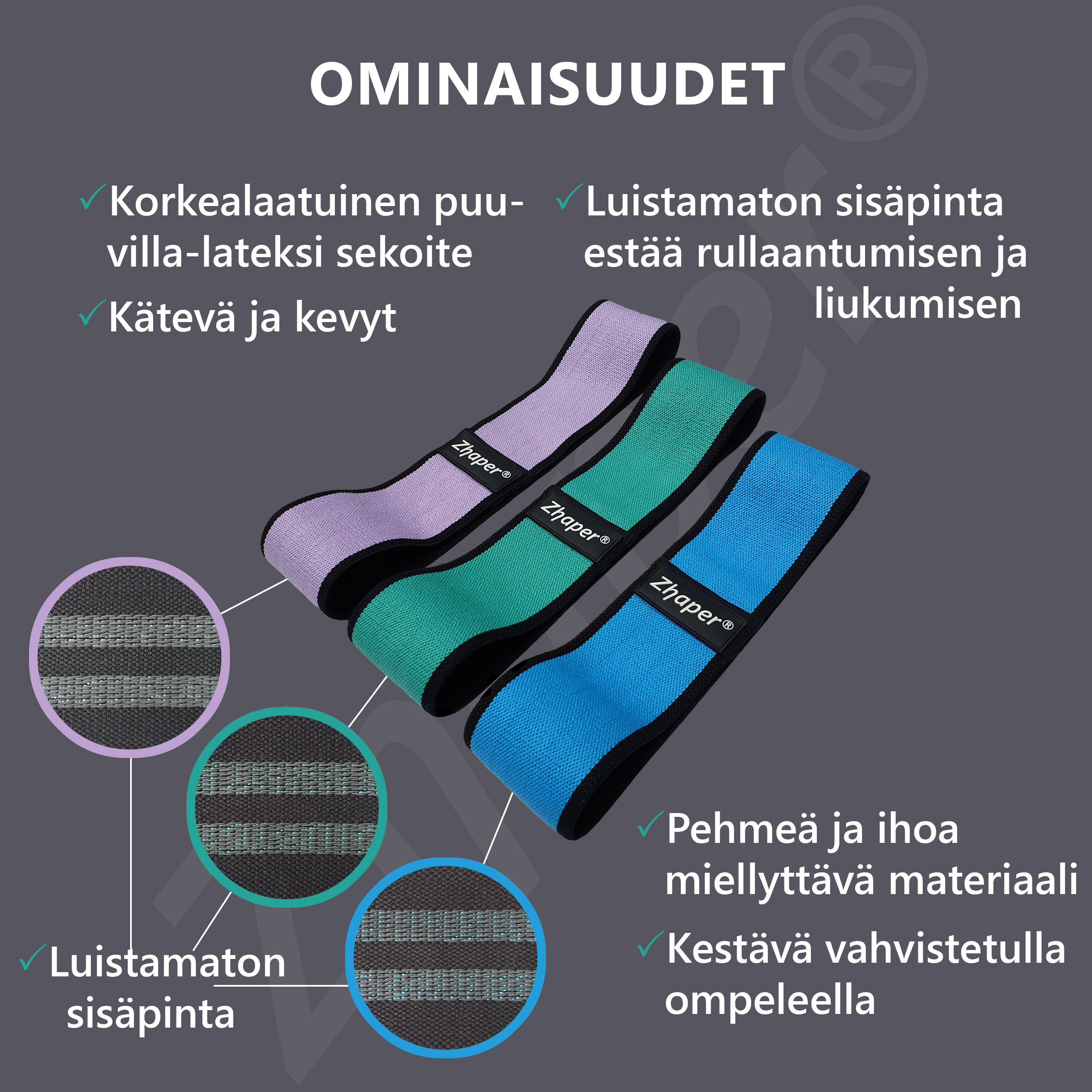 Kangaspäällysteinen Zhaper®-vastuskuminauhasetti, jossa 3 vastustasoa + säilytyspussi - Image 2