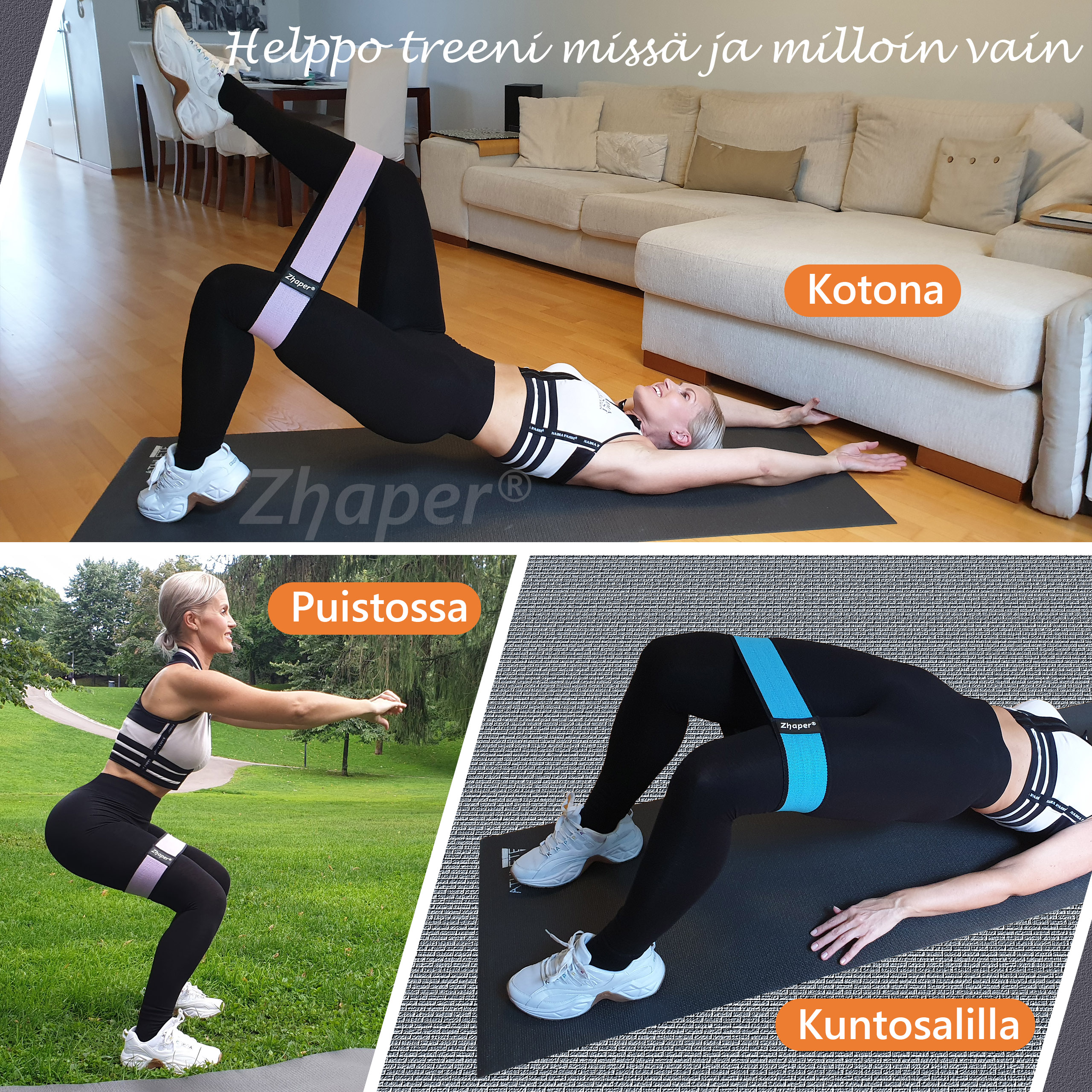 Kangaspäällysteinen Zhaper®-vastuskuminauhasetti, jossa 3 vastustasoa + säilytyspussi - Image 6